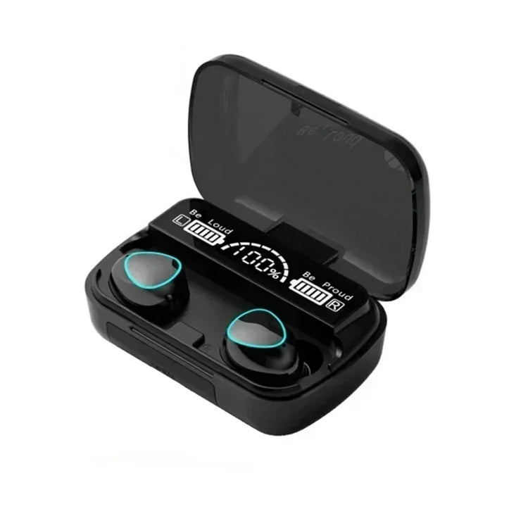 TWS M10 wireless Bluetooth earbuds inside charging case with LED battery display