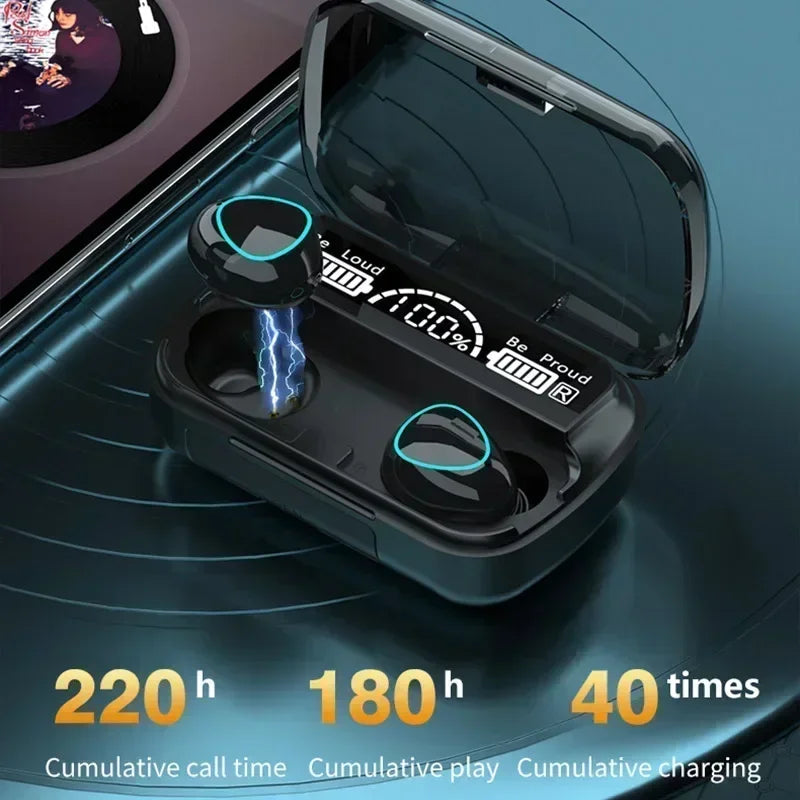 TWS M10 wireless Bluetooth earbuds in charging case showing LED display with call time, play time, and charging stats.