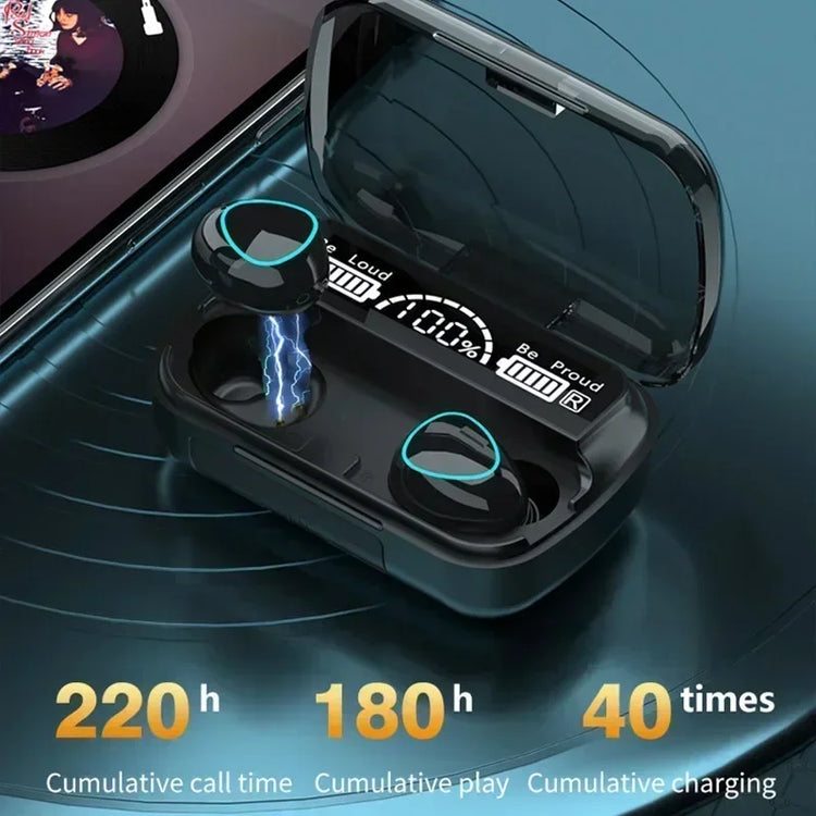 TWS M10 wireless Bluetooth earbuds in charging case with LED display showing battery life and cumulative usage.