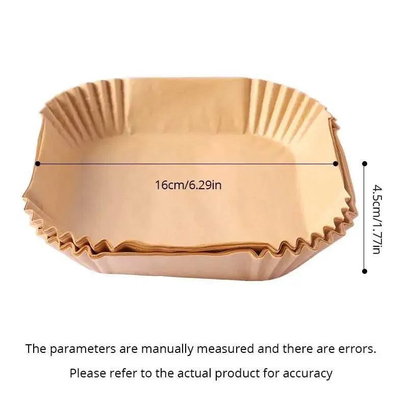 50pcs/set air fryer disposable paper liners shown in a square shape, size 16cm x 4.5cm for easy baking.