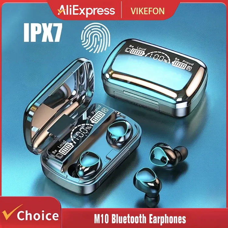 TWS M10 wireless Bluetooth earbuds in charging case with IPX7 rating for water resistance and touch controls.