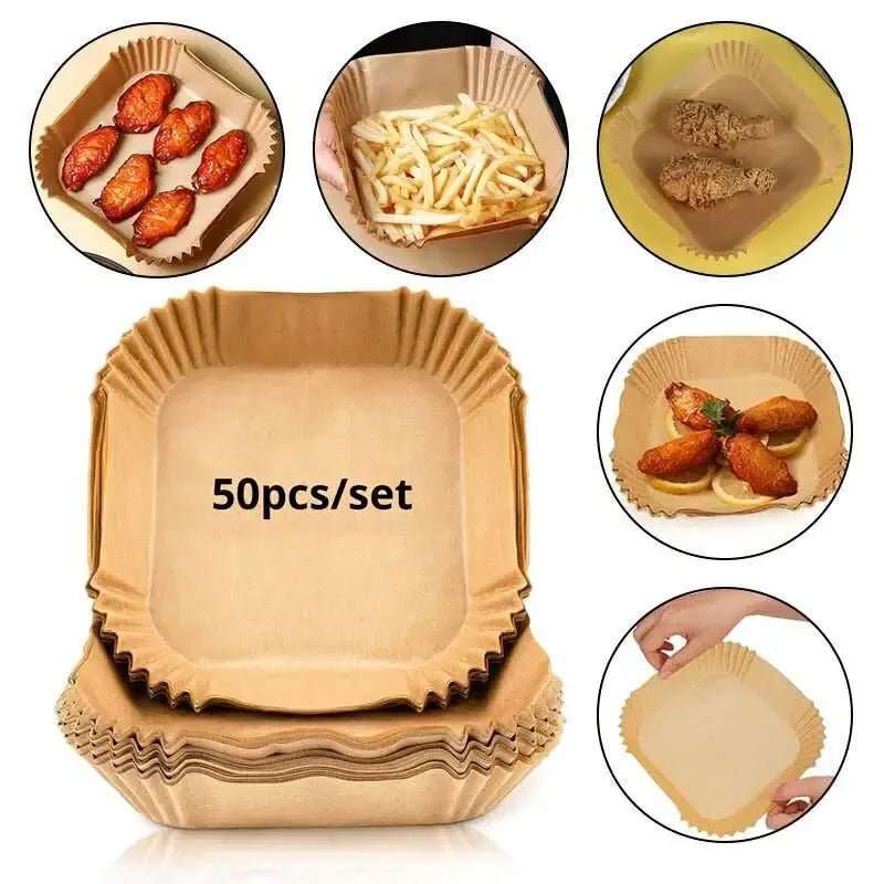 50pcs/set air fryer disposable paper liners for cooking fries, chicken, and more in an air fryer.