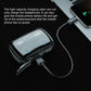 Close-up of TWS M10 wireless Bluetooth earbuds charging case showing battery status and charging connection to a phone.