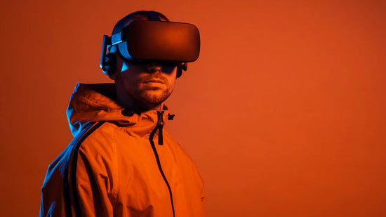 Person wearing a VR headset against an orange background
