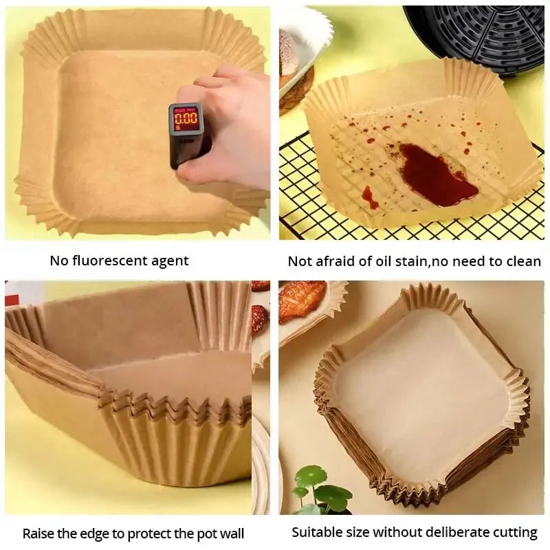 50pcs/set air fryer disposable paper liners showing no fluorescent agents and easy cleanup for frying.