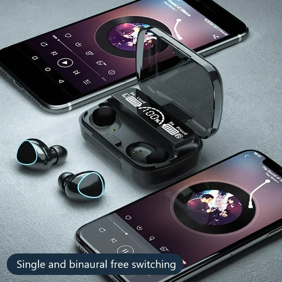 TWS M10 wireless Bluetooth earbuds in charging case, showcasing smartphone app and immersive sound control features.