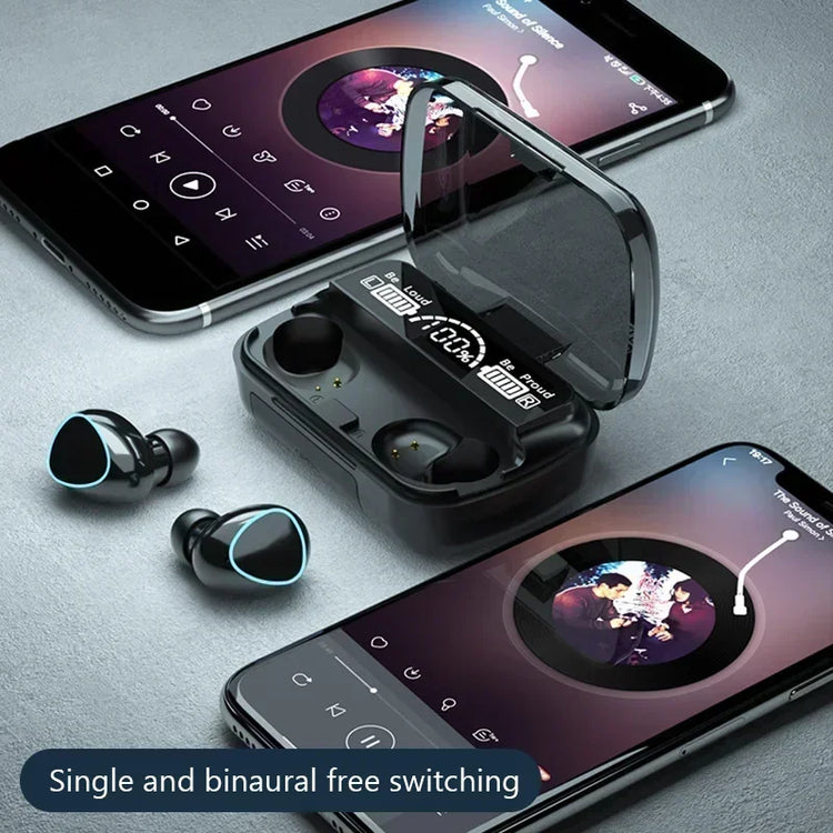 TWS M10 wireless Bluetooth earbuds in charging case, showcasing smartphone app and immersive sound control features.