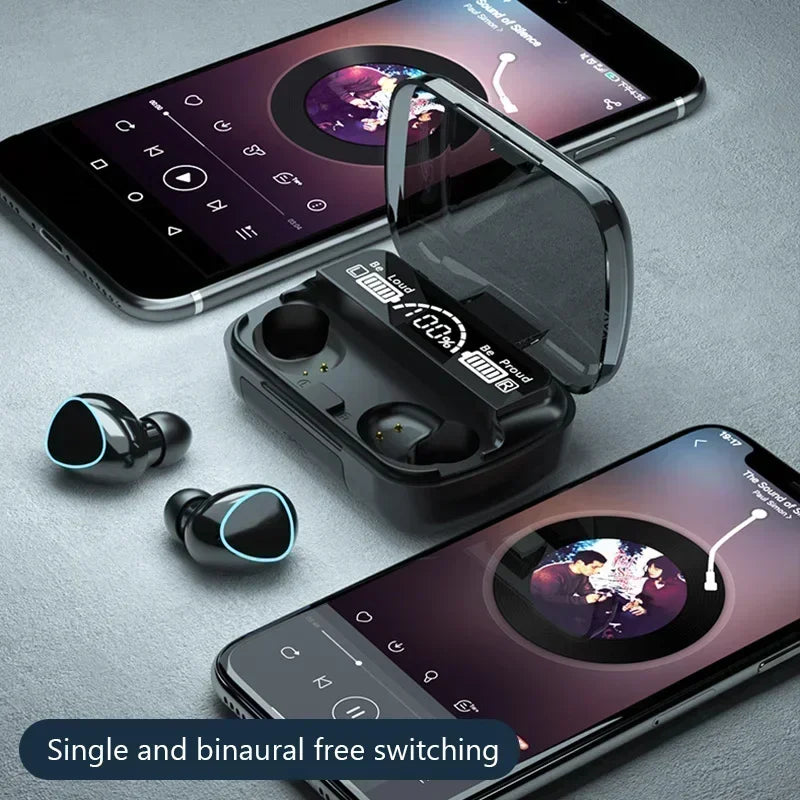 TWS M10 wireless Bluetooth earbuds in charging case with two smartphones showing music playback and controls.