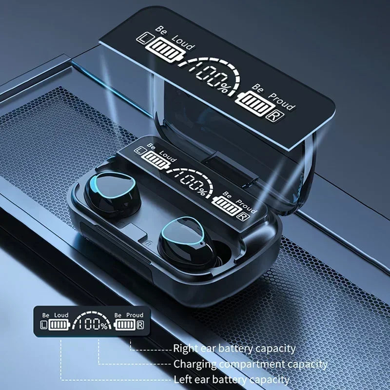 TWS M10 wireless Bluetooth earbuds with LED display showing battery levels in charging case