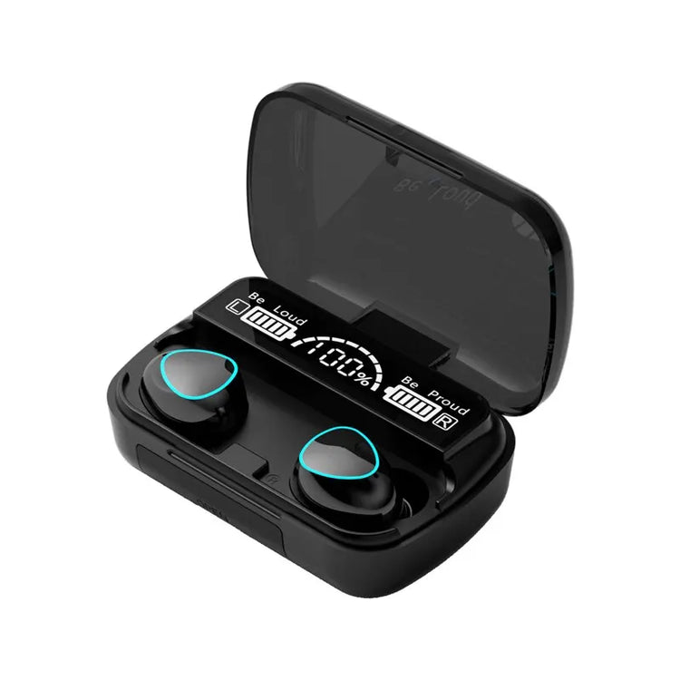 TWS M10 wireless Bluetooth earbuds in charging case with LED display showing battery level and stylish design.